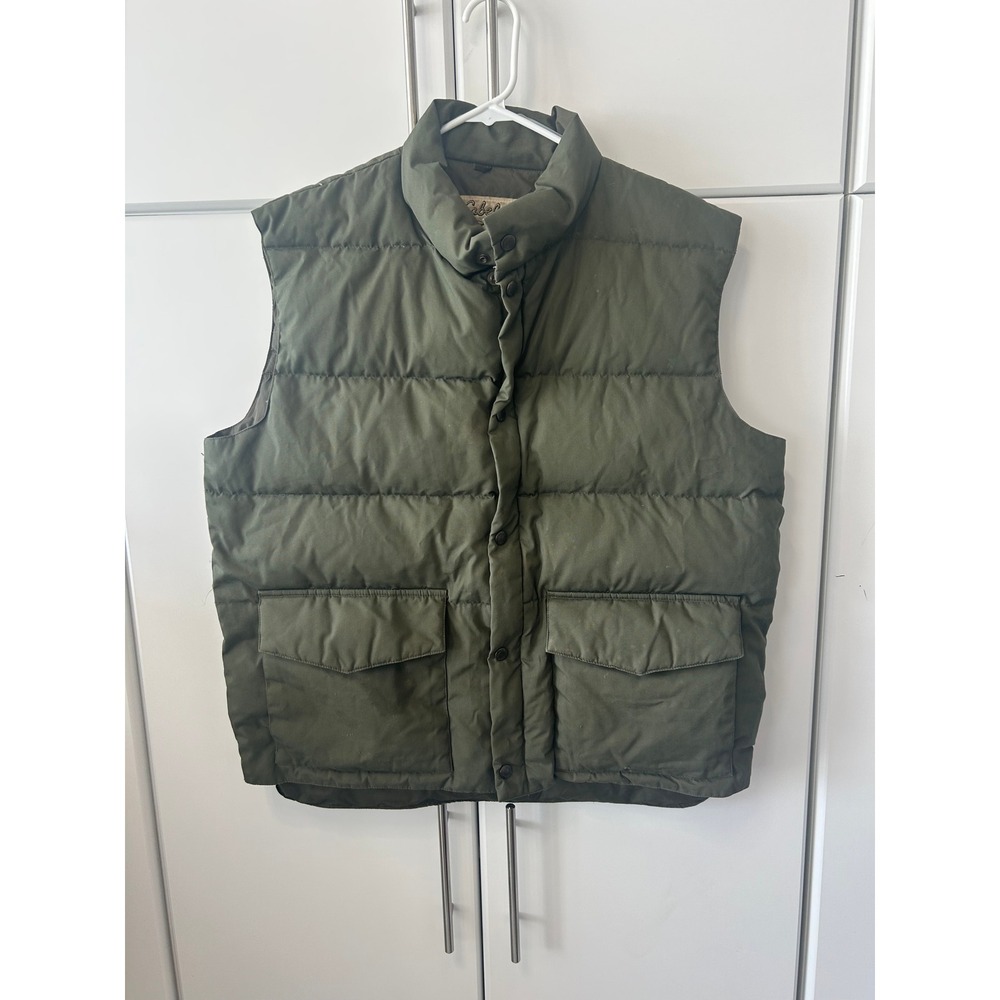 Vintage Cabela's Mens XL Olive Green Quilted Down Puffer Vest Hunting Fishing